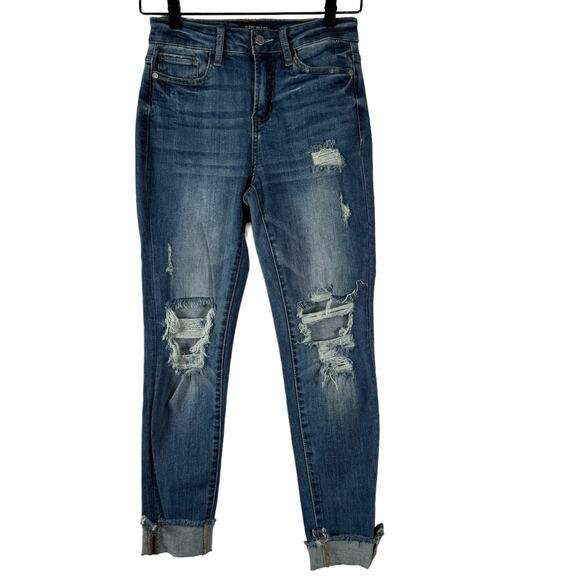 Judy Blue Skinny Fit Jeans Stretch Med Wash Mid Rise Distressed Raw Hem Roll 24 - Picture 1 of 8